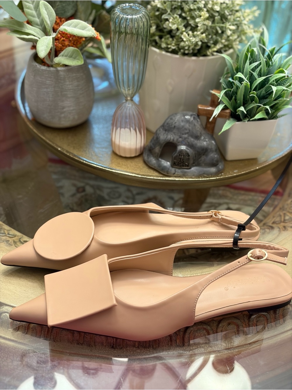 Pointed Nude Slingback Flats with Geometric Accent Brand New without tags